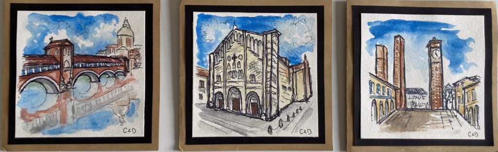 Disegni di alcuni luoghi simbolo di Pavia (Carly Elise Dean)